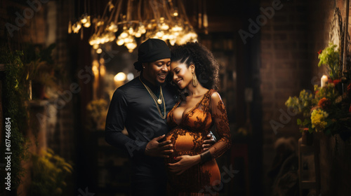 African american couple expecting a baby. Portrait of a young pregnant woman and her husband. Generative AI.