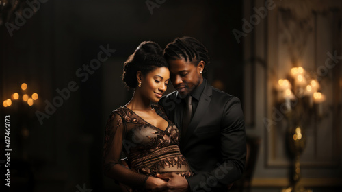 Pregnant african american woman with her husband in the room. Generative AI.