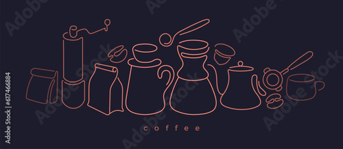 Coffee line art design Cup, beans Abstract border