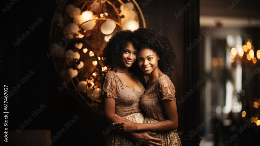 Two beautiful african american women in beige clothes posing in the interior. Mother and her daughter. Generative AI. Two beautiful african american women in beige clothes posing in the interior. Mother and her daughter. Generative AI.
