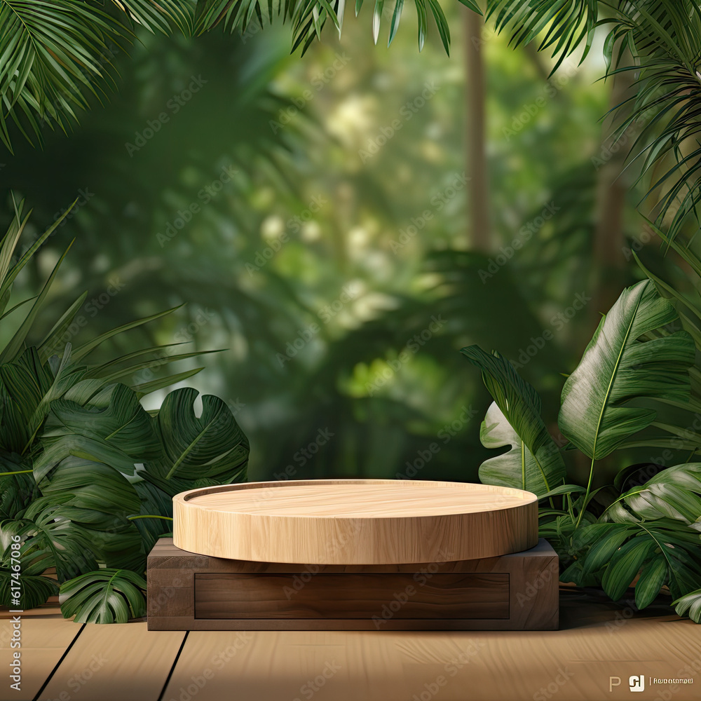 Round wooden podium in tropical forest for product Round wooden podium in tropical forest for product