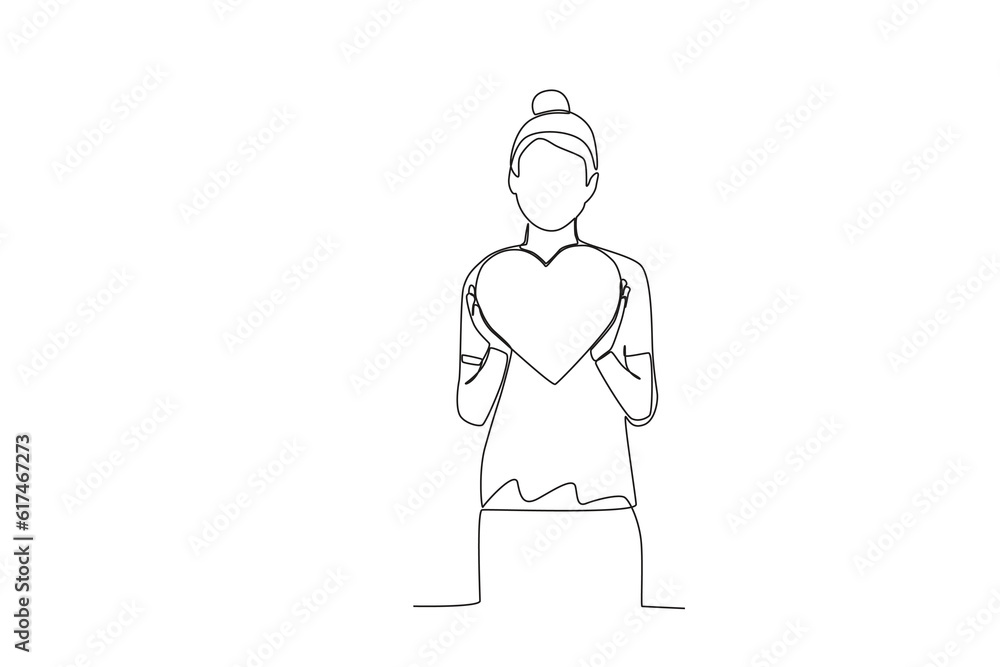 A woman holding love. World humanitarian day one-line drawing A woman holding love. World humanitarian day one-line drawing