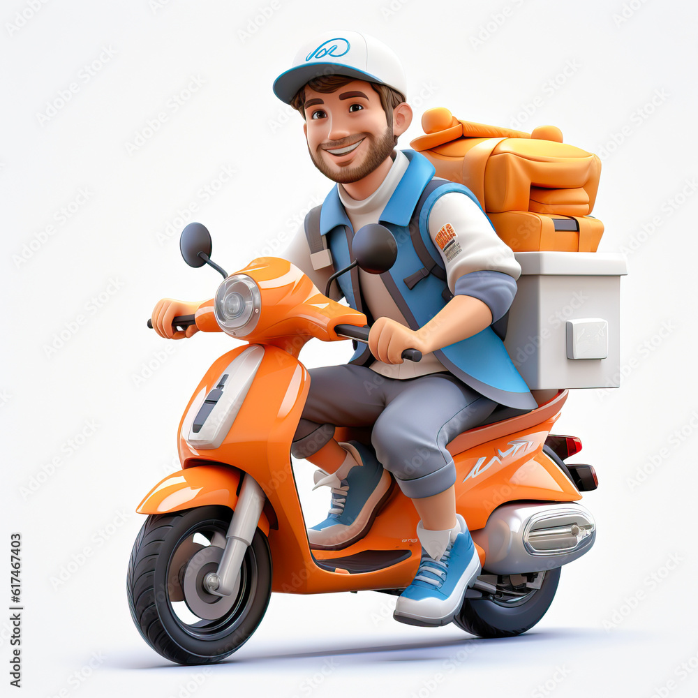 Male courier carries delivery on a scooter. Generative AI. Male courier carries delivery on a scooter. Generative AI.