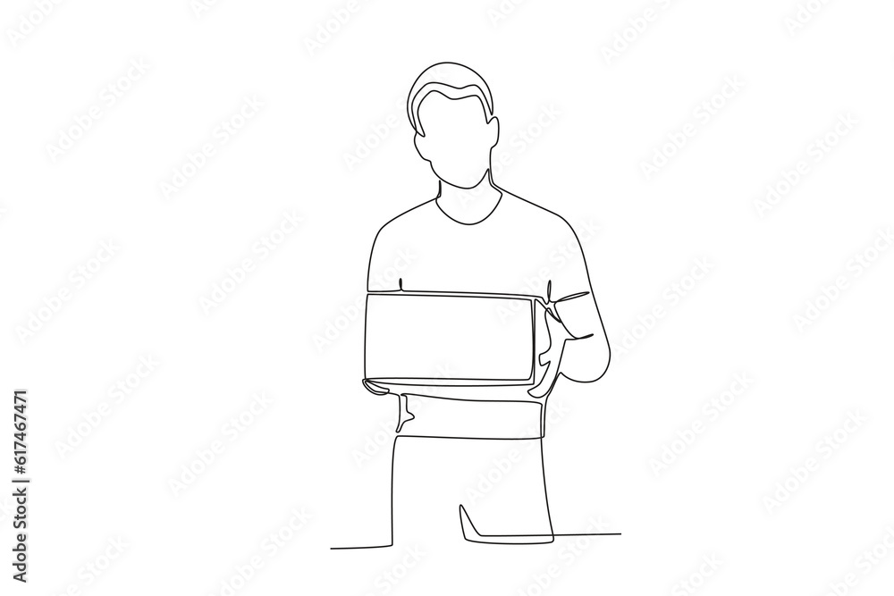 A man helped by carrying a charity box. World humanitarian day one-line drawing