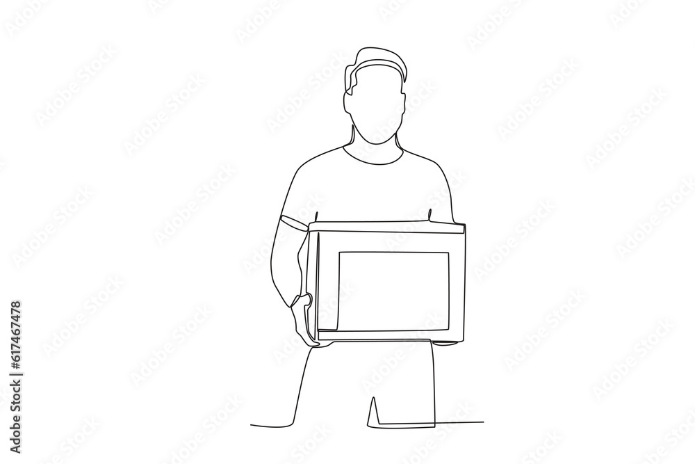 Front view of a man carrying a cardboard box. World humanitarian day one-line drawing