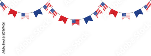Pennant garland with American flags. Bunting garland for 4th July, Independence day USA. Border template with copy space. Vector illustration isolated on white background