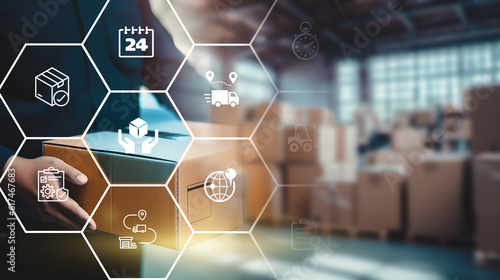 Order Fulfillment concept: Delivery man holding a box inside a warehouse filled with orders. Order delivery service work. Products shipping from stock inventory to customer hands with fast express