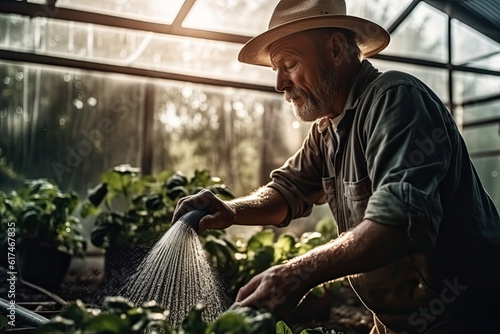 Man gardener working in a greenhouse photo