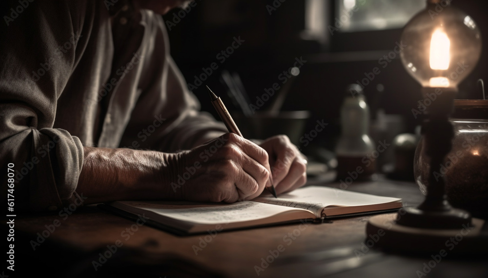 Obraz premium One man studying literature, holding pen generated by AI