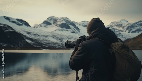 Caucasian man holding SLR camera, photographing mountain range generated by AI