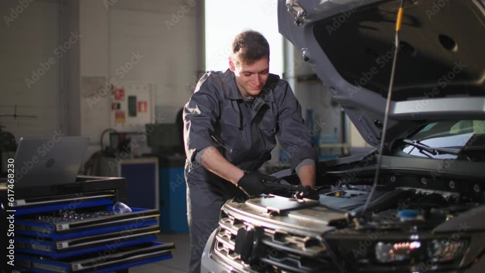 young man in uniform with tool in his hands checks car engine near open hood at station, smiling and looking at camera young man in uniform with tool in his hands checks car engine near open hood at station, smiling and looking at camera