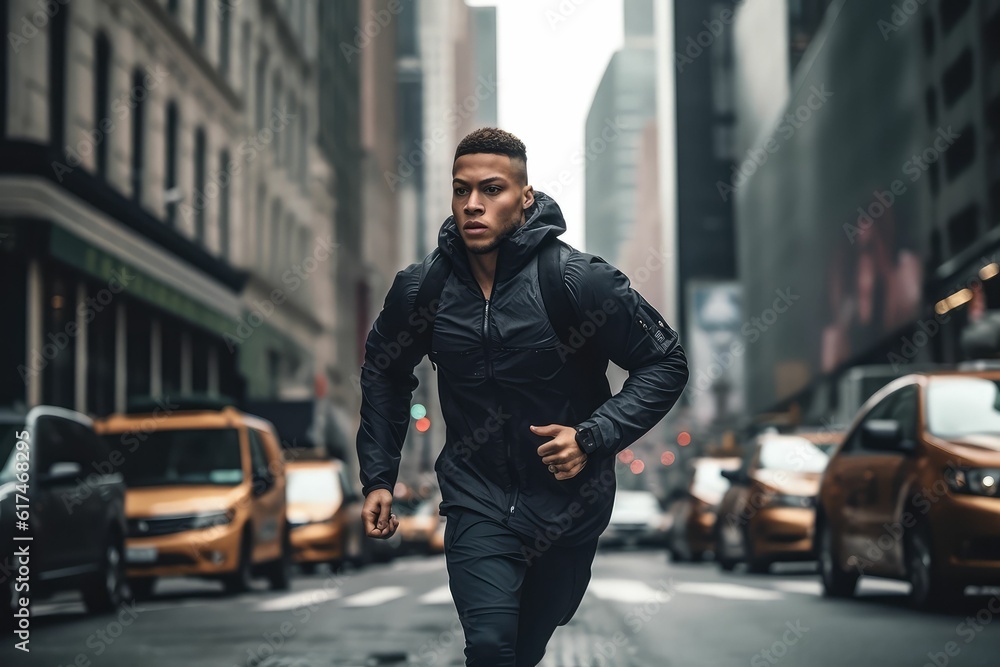 Athelte running in New York City street wearing sport clothes Athelte running in New York City street wearing sport clothes