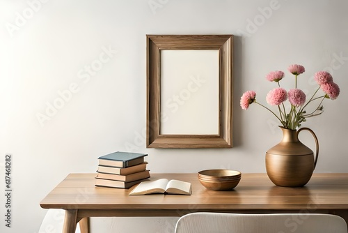  interior designs with table  lamp  frame and books with vase of flowers Generative Ai