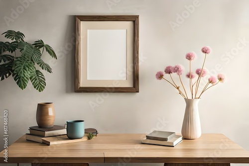  interior designs with table, lamp, frame and books with vase of flowers Generative Ai © zooriii arts