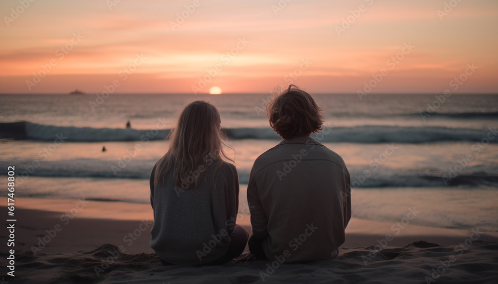 Caucasian couple embracing, watching the sunset together generated by AI Caucasian couple embracing, watching the sunset together generated by AI