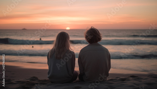 Caucasian couple embracing, watching the sunset together generated by AI © Jeronimo Ramos