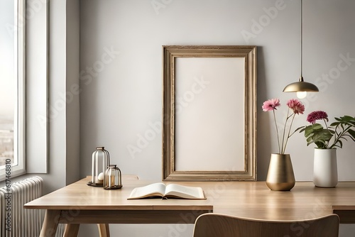  interior designs with table, lamp, frame and books with vase of flowers Generative Ai