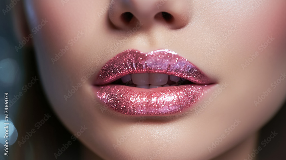 Obraz premium Beautiful full lips with glossy makeup, barbicor style makeup. Pink glitter lipstick. Close-up of sexy natural lips
