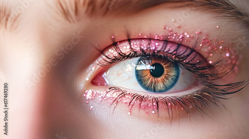 Beautiful blue eye with trendy pink glitter makeup, barbicor style. Part of a woman's face close-up. Perfect makeup