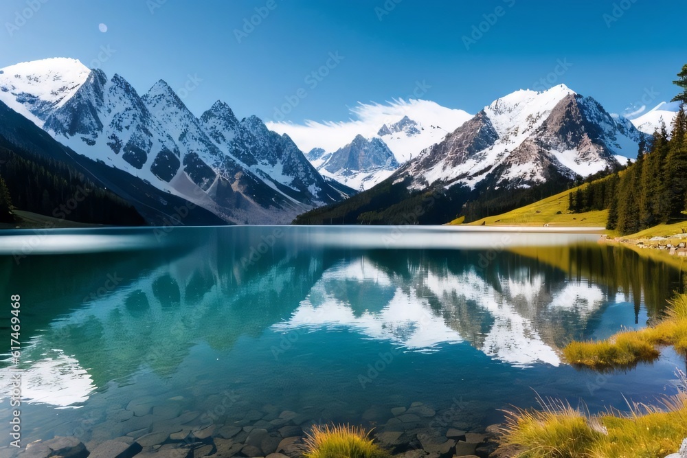 A beautiful mountain lake among snow-capped peaks. Generative AI