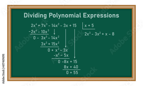 Dividing polynomial expressions in mathematics. Long division of polynomials. Math resources for teachers. Division, quotient, dividend and remainder.