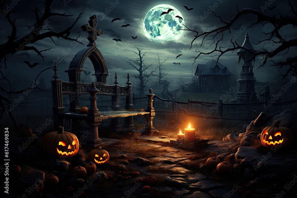 halloween background with scary pumpkins, candles in the graveyard at ...