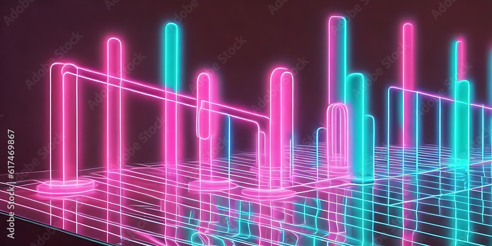 3d render, abstract minimal neon background, pink blue neon lines going up. Cyber space.