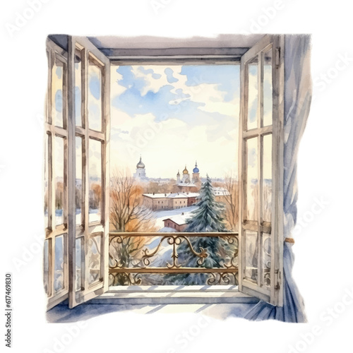 Beautiful sketch with view window Russia watercolor. Modern vector art. Empty city landscape.