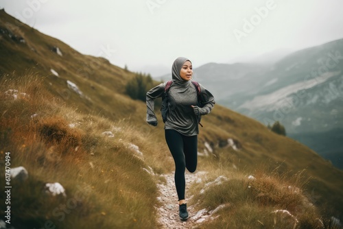 Athletic girl running along the forest path © jambulart