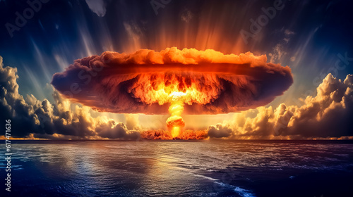 Canvas Print mushroom of fire after the explosion of a nuclear bomb in the ocean, made with G