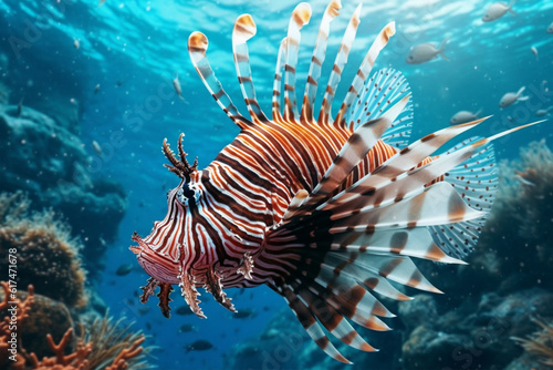 Lionfish swimming in the deep blue waters of the Red Sea.