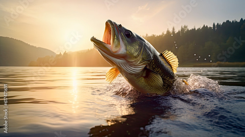 Fotografija black bass (Micropterus salmoides) jumping from the water in a high mountain lak
