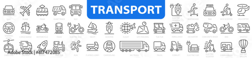Transport 40 icon set. Vehicle icons. Delivery elements collection. Car, Bus, Track, Scooter, Plane, Train, Bike, Helicopter and more. Vector illustration.