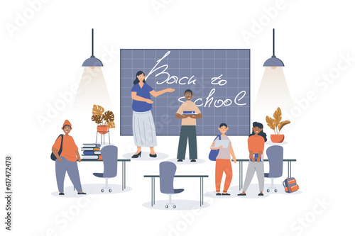 Back to school concept with character scene for web. Teacher greets pupils at blackboard and classmates go to lesson. People situation in flat design. Vector illustration for marketing material.