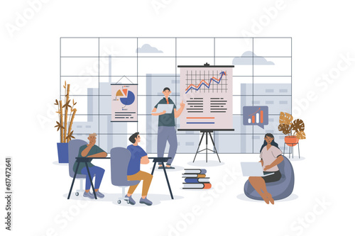 Business meeting concept with character scene for web. Women and men working in team at office, discussing presentation. People situation in flat design. Vector illustration for marketing material.