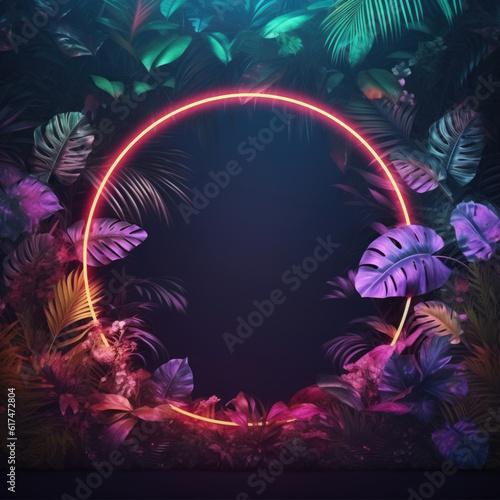 Tropic neon jungle night background. Hawaiian party. Dark tropical exotic background with Leaf palms and light neon circle.