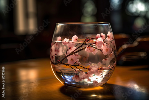 Delicate Pink Cherry Blossom Branches Floating in Clear Glass Vase on Rustic Wooden Table with Warm Ambient Light