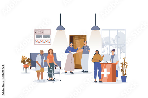 Medical clinic concept with character scene for web. Patients visiting doctors for consultation or getting rehabilitation. People situation in flat design. Vector illustration for marketing material.