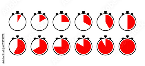 Timer, stopwatches icons. Circle clocks collection. Countdown timer with different minutes. Chronometer deadline symbols on white background. Cooking indicators in flat design. Vector illustration.