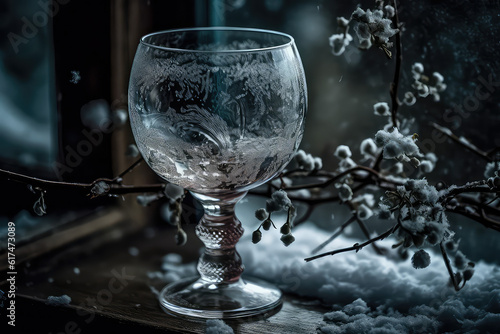 Frost-Kissed Winter Goblet: Icy Wine Glass with Snowberry Branches in Moody Twilight