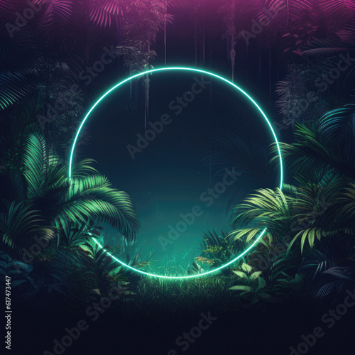 Neon jungle abstract background with jungle plants, palm leaf and neon circle light frame. Color summer night. Circular frame with tropical palm tree for poster, invitation, flyer © mirexon