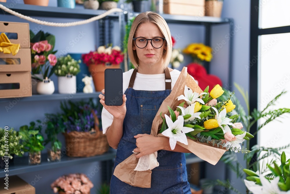 Young caucasian woman working at florist shop showing smartphone screen skeptic and nervous, frowning upset because of problem. negative person.