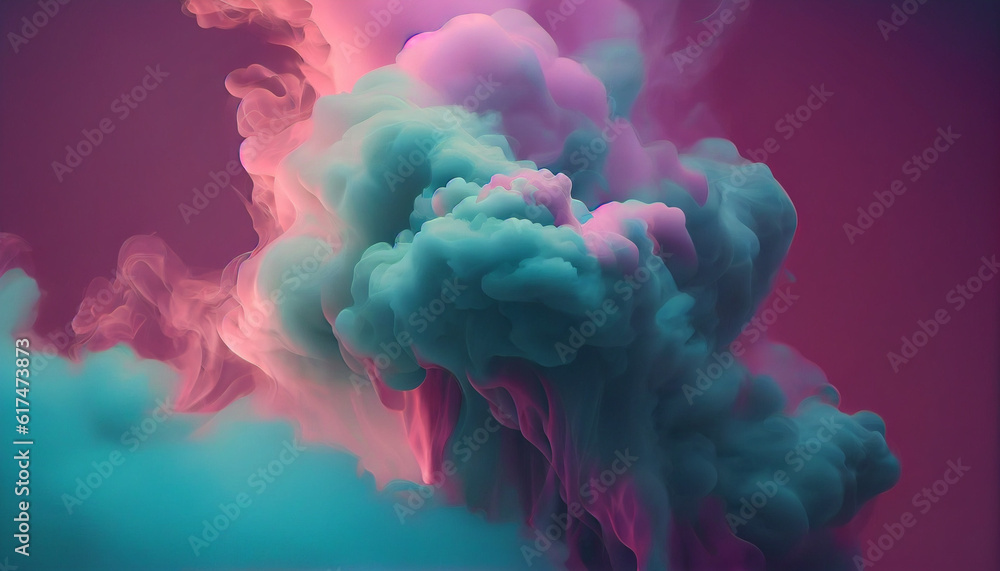 Dreamy pastel teal and pink smoke on abstract background. Cloud and fog