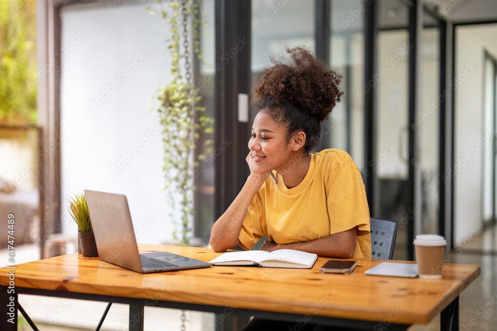 Thoughtful businesswoman think of online new project looking at laptop, search new idea inspiration. Thoughtful businesswoman think of online new project looking at laptop, search new idea inspiration.