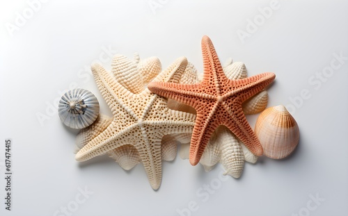 Two Starfish and Seashells, High Detail Closeup, Isolated on White, Commercial Imagery, Natural Abrasive Texture, eCommerce, Print, Web Design Use, Generative AI, Generative, KI 