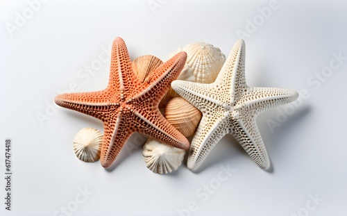 Two Starfish and Seashells, High Detail, Isolated on White, Ideal for Commercial, eCommerce, Nature-Themed Graphics, Web Design, Generative AI, Generative, KI 