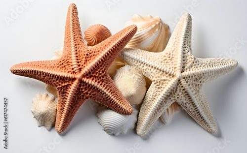 Crisp Closeup Image of Two Sea Stars, Accompanied by Seashells, Isolated on White Surface, Natural Textures, Perfect for Commercial and eCommerce Use, Generative AI, Generative, KI 