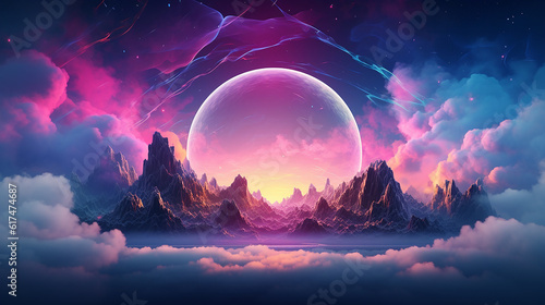 Fantasy landscape wallpaper sky clouds, sphere, in the style of synthwave, 8k, 4k, hd wallpaper