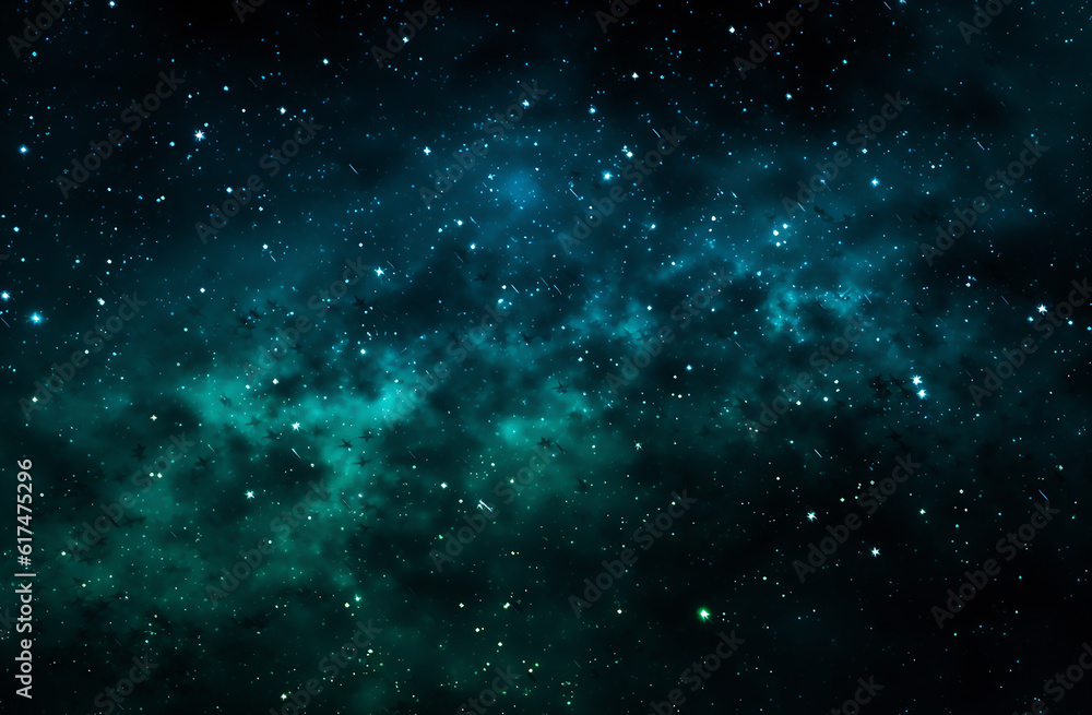 Background with stars and clouds in the space, in the style of dark turquoise and dark emerald, otherworldly atmosphere, 8k, 4k, hd wallpaper