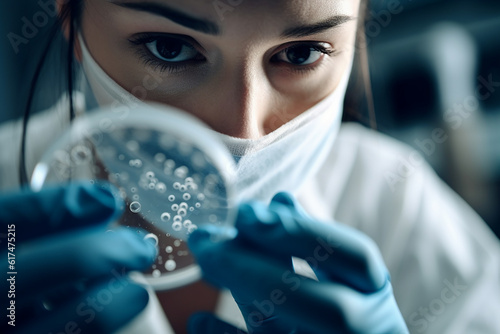 A woman in a medical mask holds a petri dish with a bacterial culture. A scientist in the laboratory. Generative AI.